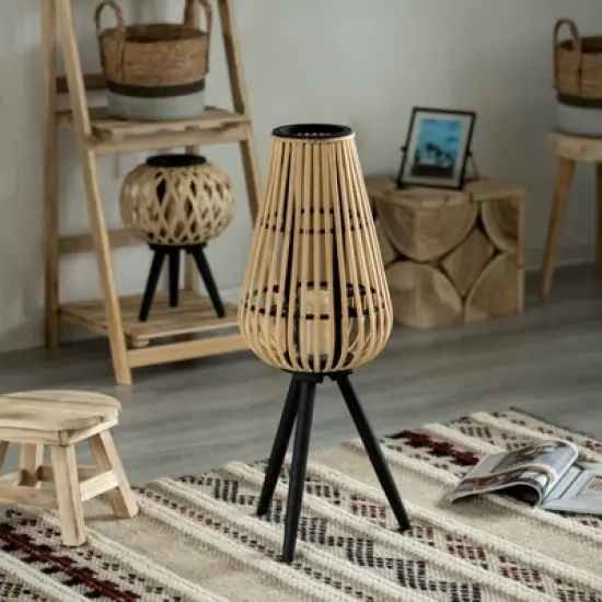 Vintiquewise Indoor and Outdoor Modern Natural Bamboo Decorative Lantern with Black Stand and Glass Candle Holder image {5}