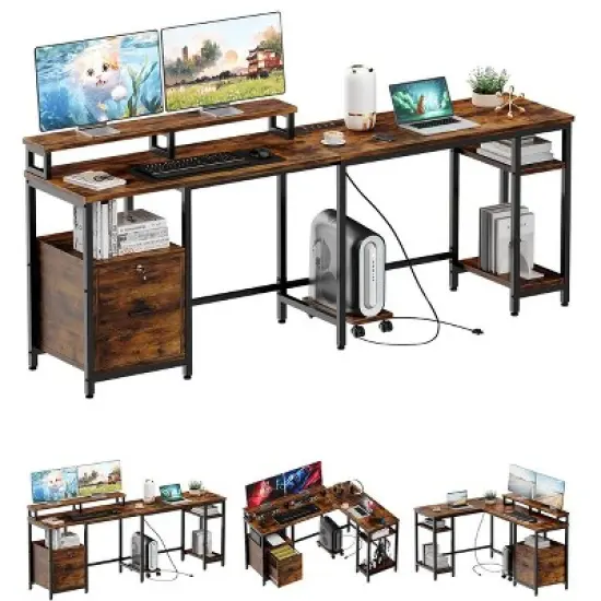 ODK 67" L-Shaped Office Desk with File Drawer, Gaming Desk with Mobile CPU Stand, Computer Desk Featuring Monitor Shelf and Printer Storage Shelves image {3}
