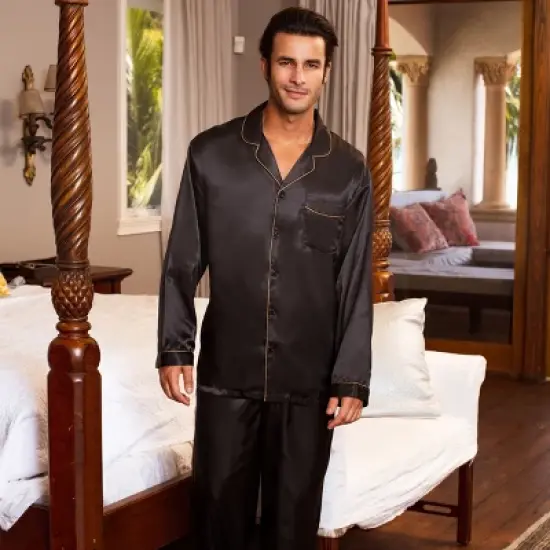 Men's Classic Satin Pajamas Lounge Set, Long Sleeve Top and Pants with Pockets, Silk like PJs with Matching Sleep Mask image {3}