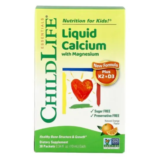 ChildLife Essentials Liquid Calcium with Magnesium Plus K2 & D3, Natural Orange, 30 Packet, 0.34 fl oz (10 ml) image {3}