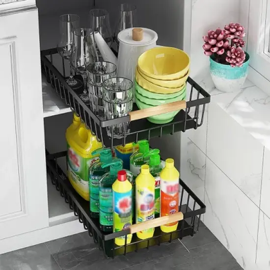 Pull Out Cabinet Organizer, No Drill Pull Out Shelves For Cabinets Multifunctional Sliding Mesh Cabinet Basket For Kitchen Pantry Bathroom Bedroom image {12}