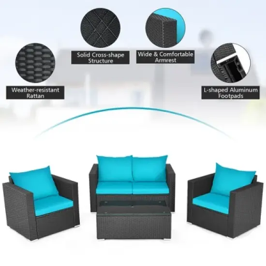 Costway 4PCS Patio Rattan Cushioned Sofa Chair Coffee Table Turquoise image {7}