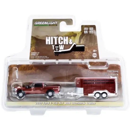 2019 Ford F-150 XLT Pickup Truck Red and Livestock Trailer "Hitch & Tow" Series 27 1/64 Diecast Model Car by Greenlight image {2}