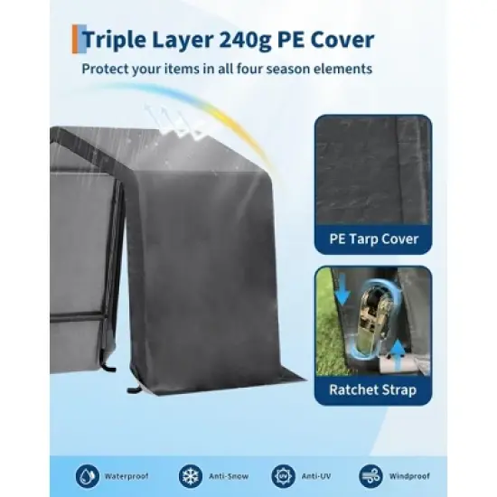 10x10FT Outdoor Storage Shed Carport with Roll-Up Zipper Door, Portable Garage Storage Shelter Heavy Duty Waterproof PE Tarp for Bike, ATV, Grey image {4}