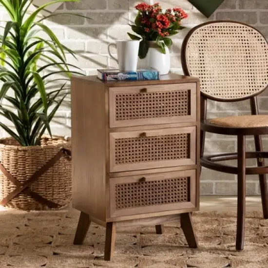 Baden Wood with Rattan 3 Drawer Nightstand Walnut Brown - Baxton Studio image {5}