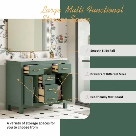 36" Freestanding Bathroom Vanity With Ceramic Sink, 2 Cabinets and 4 Drawers, Green 4W - ModernLuxe image {4}