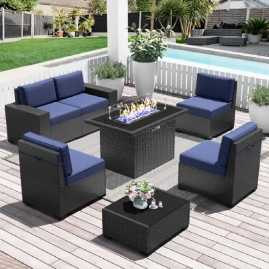 LayinSun 7 Pieces Outdoor Patio Furniture Set with 44" Fire Pit Table Rattan Sectional Sofa Conversation Sets image {12}
