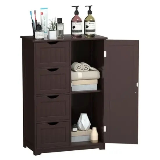 Costway Wooden 4 Drawer Bathroom Cabinet Storage Cupboard 2 Shelves Free Standing Brown image {8}