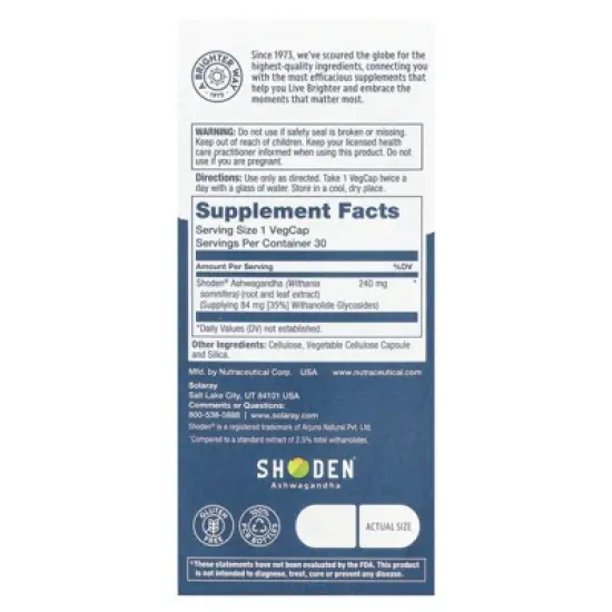 Solaray Ashwagandha, 240 mg, 30 VegCaps image {1}