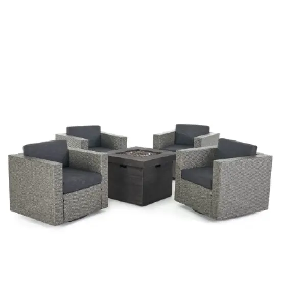 GDFStudio Venice Outdoor Wicker 5 Piece Swivel Club Chair and Fire Pit Set with Cushions image {10}
