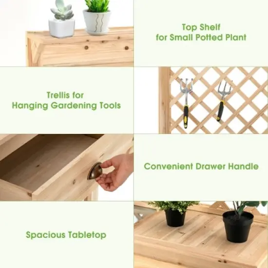 Costway Wood Raised Garden Bed w/ Trellis Elevated Planter Box w/ Storage Shelf and Drawer image {8}