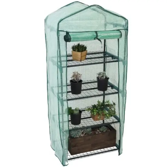 Sunnydaze Outdoor Portable Growing Rack 4-Tier Greenhouse with Roll-Up Door - 4 Shelves - Green image {8}