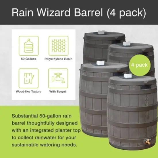 Good Ideas Rain Wizard 50 Gallon Plastic Outdoor Home Rain Barrel Water Storage Collector with Brass Spigot and Flat Back Design, Oak (4 Pack) image {1}