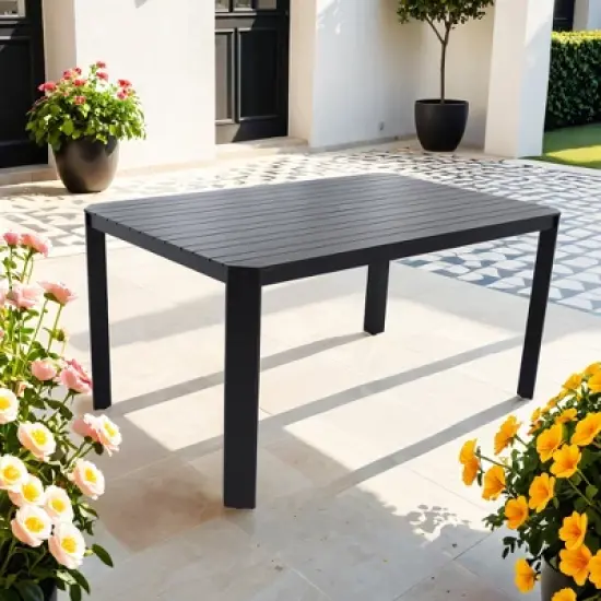DOMETOUR Modern Outdoor Aluminum Table with Alternating Wide and Narrow Slats, Angled Corners, 2" Big Umbrella Hole, and Adjustable Non-Slip Pads image {3}