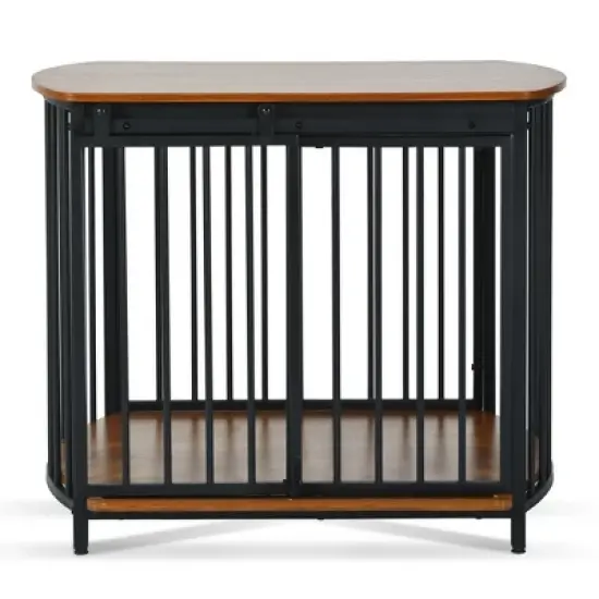 Medium Dog House Dog Crate Wooden Cage Indoor Kennel Furniture Dog Shelter End Table with Double-Doors, Brown/Gray+Black-ModernLuxe image {5}