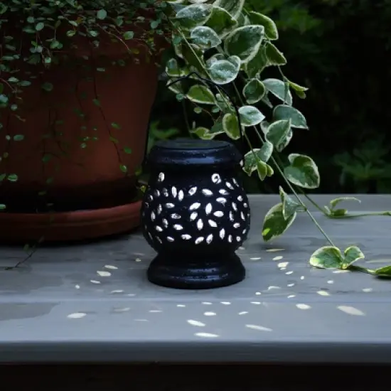 LumaBase Solar-Powered Black Ceramic Lantern with LED Light image {2}