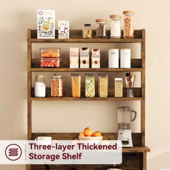 Microwave Stand Bakers Rack Cabinet, Farmhouse Wooden Storage Cabinet with Power Outlet with Thickened Counter image {3}