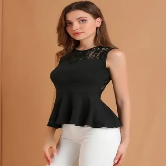 Allegra K Women's Floral Mesh Lace Panel Round Neck Sleeveless Peplum Blouses image {1}