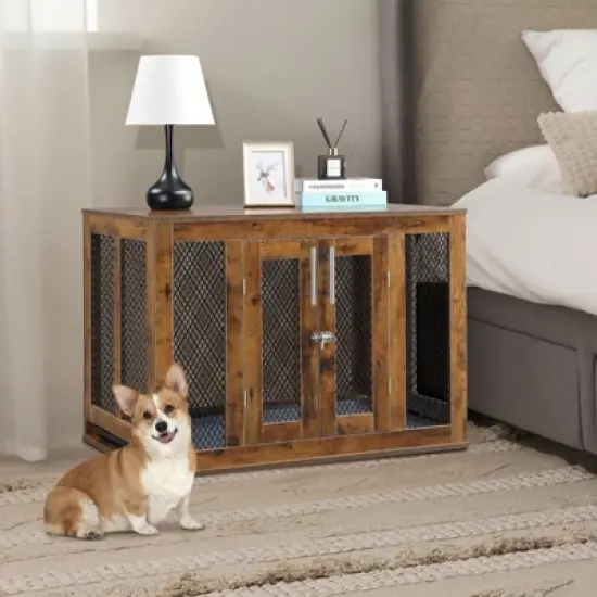SEVOBAL Pet Crates and Houses Rustic Chic Pet Crate and Side Table, Multi-Functional Furniture for Dogs and Cats in Bedroom, Brown, 40.4"*26.9"*7.3" image {1}