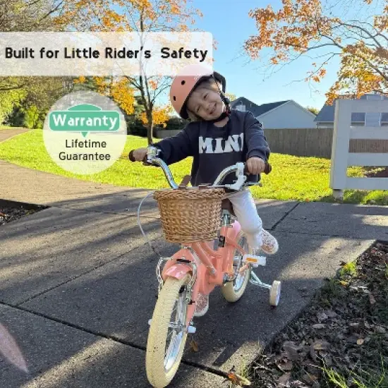 Itopfox Retro Cruiser Girls Bike for Children Ages 3-5 Years Old, Kids Bicycle with Wicker Basket & Training Wheels, Peach image {4}