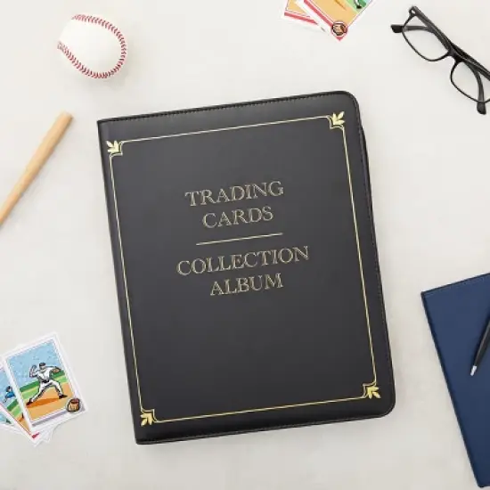 Bright Creations 9 Pocket Trading Card Binder with Zipper, Holds up to 360 Cards, 14 x 11 In, Black & Gold Faux Leather image {1}