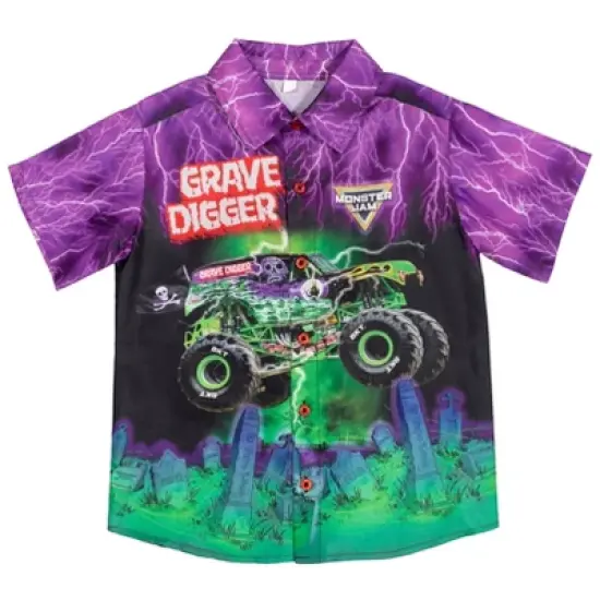 Monster Jam Trucks Grave Digger Short Sleeve Button Down Dress Shirt  image {9}