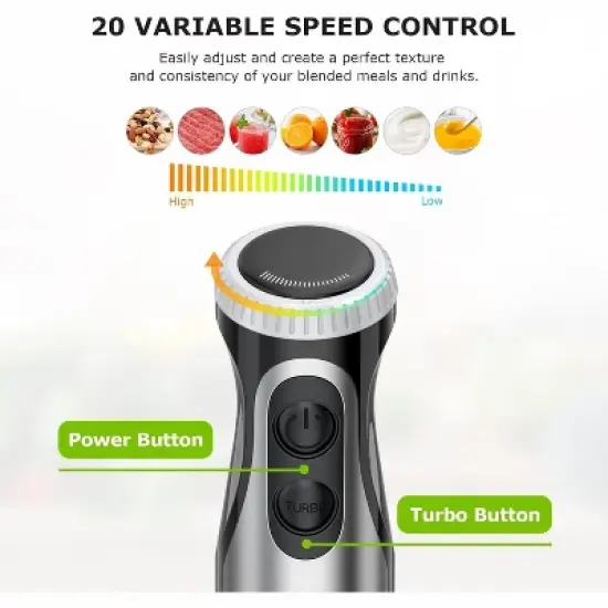 Bonsenkitchen Immersion Stainless Steel Handheld Blender with Egg Whisk, 20-Speed & Turbo Mode (500W output) for Soup, Smoothie, Puree, Baby Food image {2}