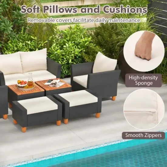 Costway 7 PCS Patio Furniture Set with Loveseat Armchairs Ottomans & Storage Table image {3}