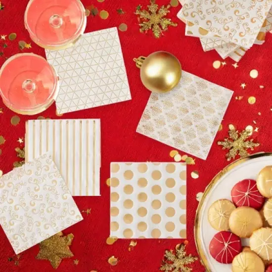 Blue Panda 100 Pack Polka Dotted Gold and White Cocktail Napkins for Wedding, Birthday Party Supplies, 5 x 5 In image {1}