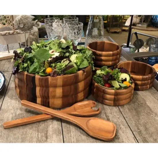 Kalmar Home Solid Acacia Wood 7 Piece - Large Salad Bowl with Servers and 4 Individuals image {2}
