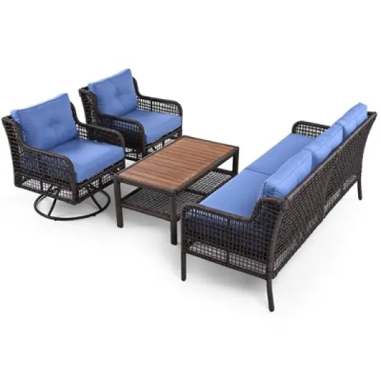 FIONECA 4-Piece Patio Furniture Set with Swivel Chairs, Outdoor Rattan Conversation Sofa Set for 5 People, Cushions & Coffee Table, Blue image {9}