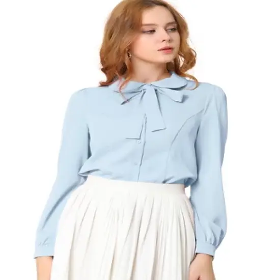 Allegra K Women's Peter Pan Collar Chiffon Bow Tie Neck Puff Sleeve Button Up Shirt image {11}