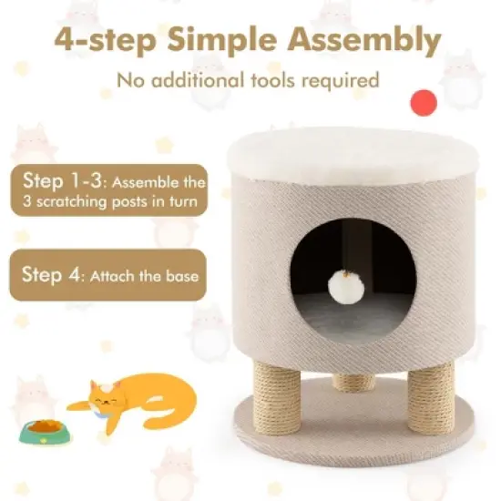 Costway 3-IN-1 Cat Condo Stool Kitty Bed with Scratching Posts & Plush Ball Toy Beige/Grey image {7}