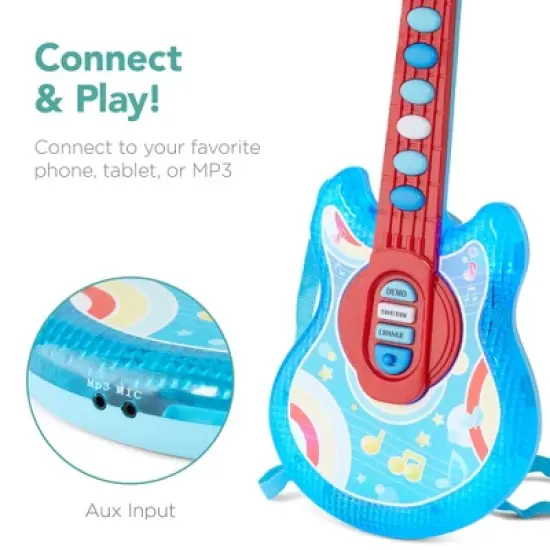 Best Choice Products 19in Kids Flash Guitar, Pretend Play Musical Instrument Toy for Toddlers w/ Mic, Stand - Blue image {4}