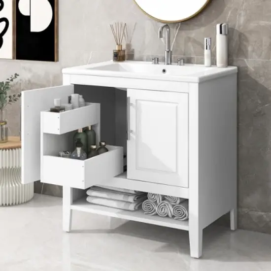 30" Bathroom Vanity with Sink, Freestanding Vanity Ceramic Sink Set with Doors, Bathroom Storage Cabinet For Home Bathroom Office Garage White image {1}