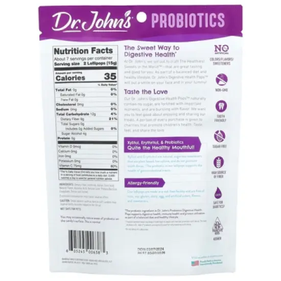 Dr. John's Healthy Sweets Probiotics, Digestive Health Pops&trade;, + Fiber & Vitamin C, Strawberry, Peach & Apple, 14 Individually Wrapped Lollipops, 3.85 image {1}