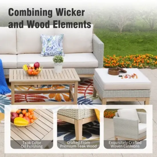 Captiva Designs 5pc outdoor patio wicker rattan cushioned conversation set with armchairs, ottomans and solid wood table image {3}