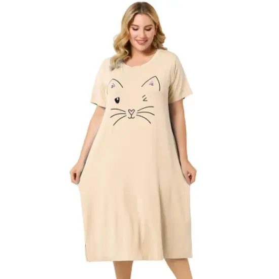 Agnes Orinda Womens Plus Size Short Sleeve Cute Cat Print Pockets Nightgown image {9}
