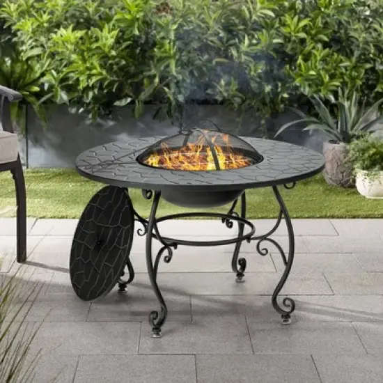 WELLFOR 35.5" Wood Burning Dining Table Outdoor Fire Table With Cover & Cook Grate W-70941 Black image {9}