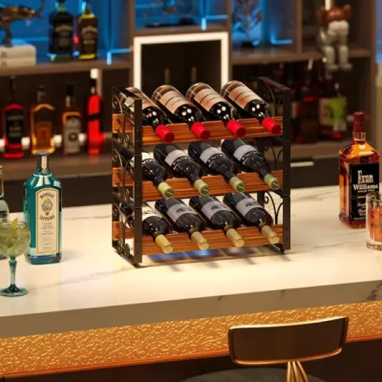 Itopfox 3-Tier Stackable Wine Rack for Cabinet, Solid Wood & Wrought Iron Wine Bottle Holder, Kitchen Bar Dining Room Storage Shelf image {4}