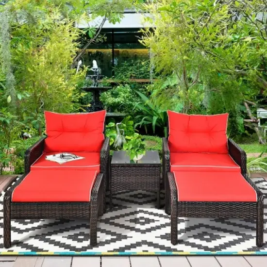 Costway 5 PCS Patio Rattan Furniture Set Sofa Ottoman Table Cushioned Yard Red image {4}