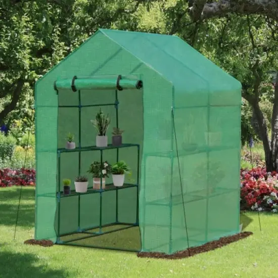 Outsunny Walk-in Greenhouse, 2-Tier Shelves, Steel Frame Hot house, Roll-Up Zipper Door for Flowers, Vegetables, Green image {2}