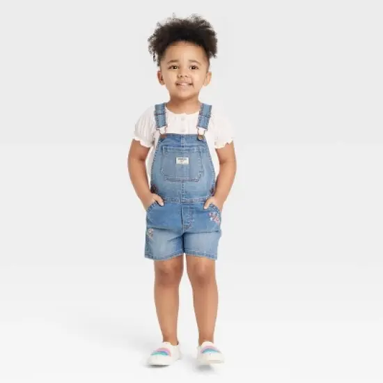 OshKosh B'gosh Toddler Girls' Embroidered Floral Denim Shortalls - Blue Wash image {3}