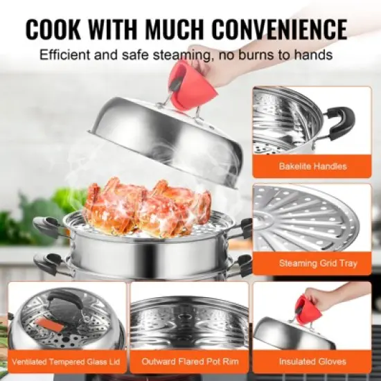 VEVOR Steamer Pot 11in/28cm, 3 Tier Steamer Pot for Cooking with 8.5QT Stock Pot, Vegetable Steamer & 2 Steaming Tray image {5}