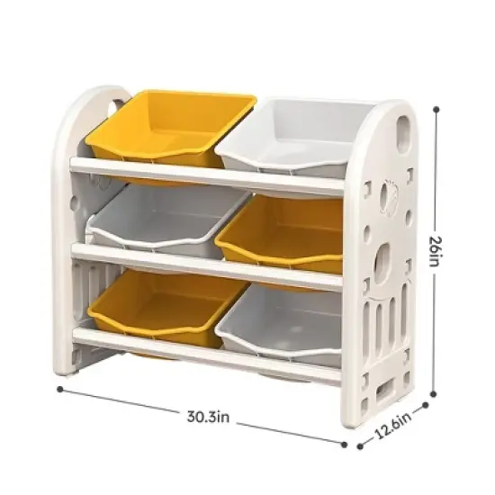 Kids Toy Storage Organizer With 6 Bins Multi-Functional 3-Tier Shelf Organizer Storage Cabinet Unit For Playroom Bedroom Living Room Yellow image {2}
