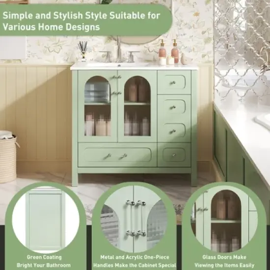 ModernLuxe 36'' Green Bathroom Vanity with Waffle Texture Glass Doors, 4 Drawers & Soft-Closing Doors, Freestanding Bathroom Storage image {3}
