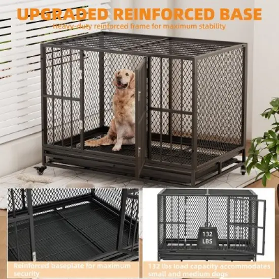 EROMMY 37" -42" Heavy Duty Dog Crate Furniture With Removable Tray, 360&deg; Lockable Wheels image {4}