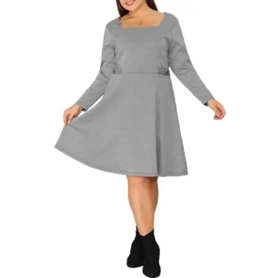 Agnes Orinda Women's Plus Size Long Sleeve Square Neck Work Houndstooth Midi Dresses image {5}