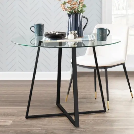 36'' Hana Glass Top Modern Round Dining Table Pedestal Black Leg-The Pop Maison image {1}