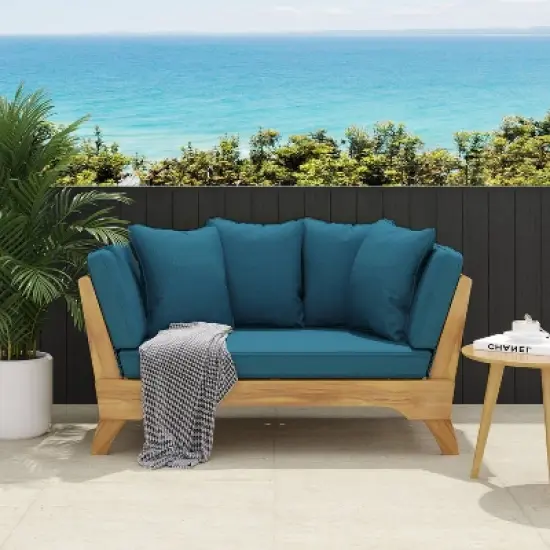 Serene Outdoor Acacia Wood Expandable Daybed with Cushions Teak/Dark Teal - Christopher Knight Home image {2}